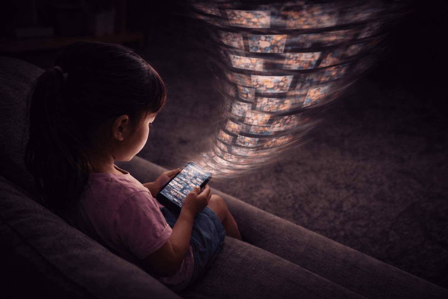 A girl with a tornado of infinite screens