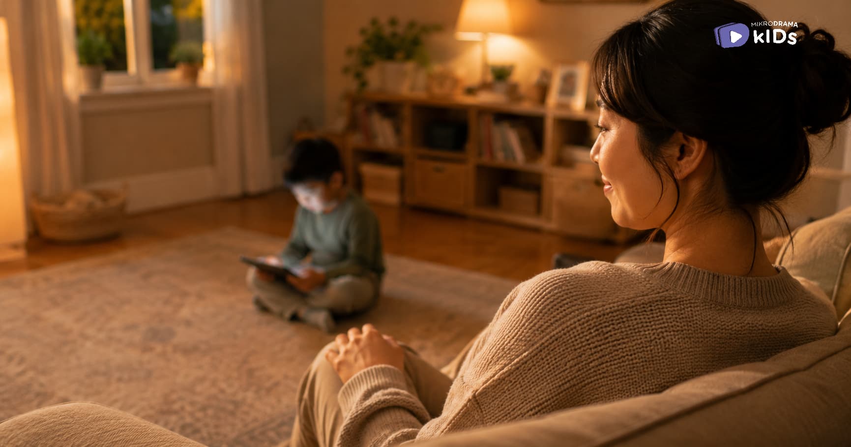 A woman smiling looking to the left and a boy watching a tablet
