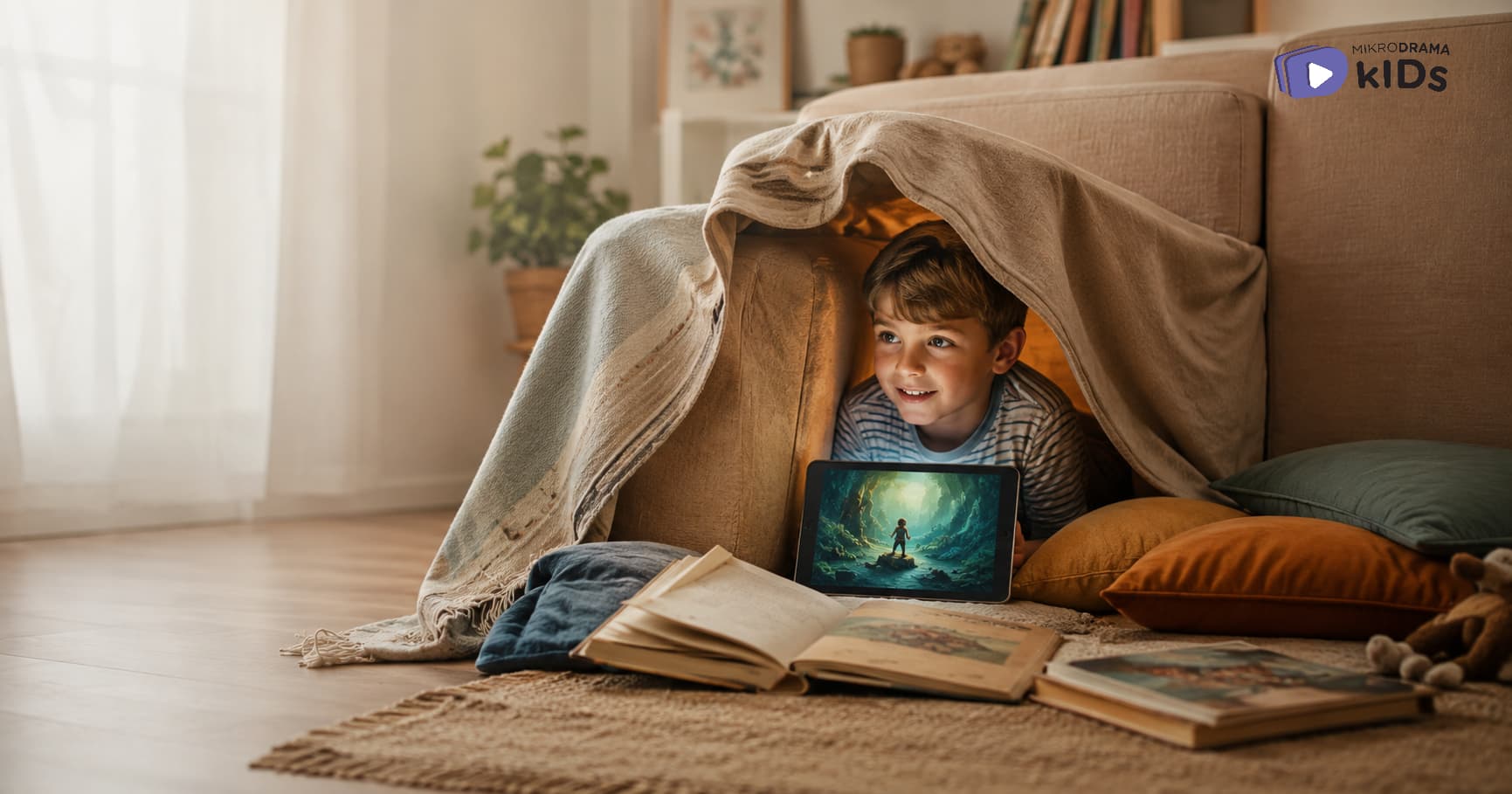 A boy under a blanket holding a tablet