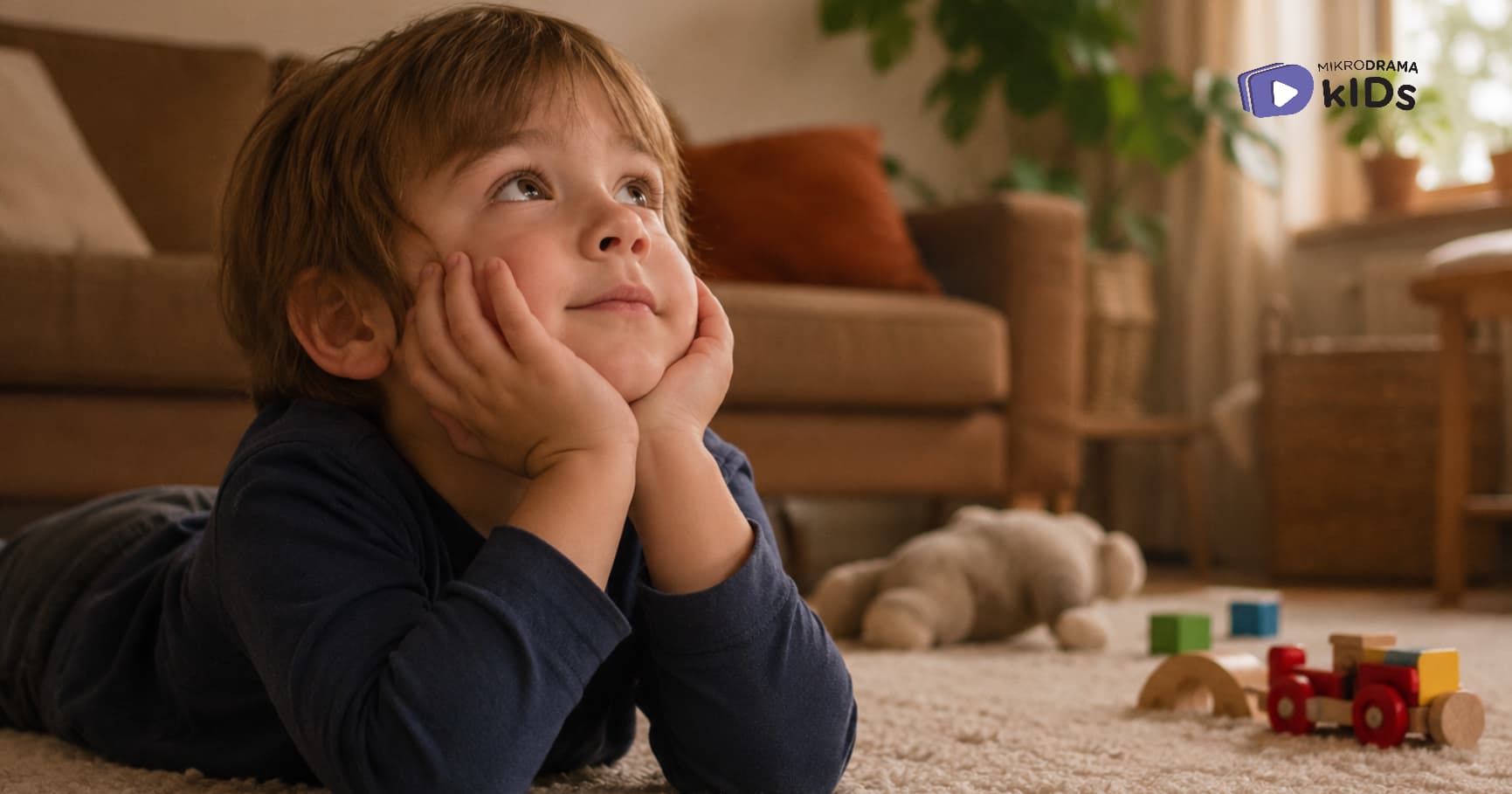 A boy put his head on his hands while looking up