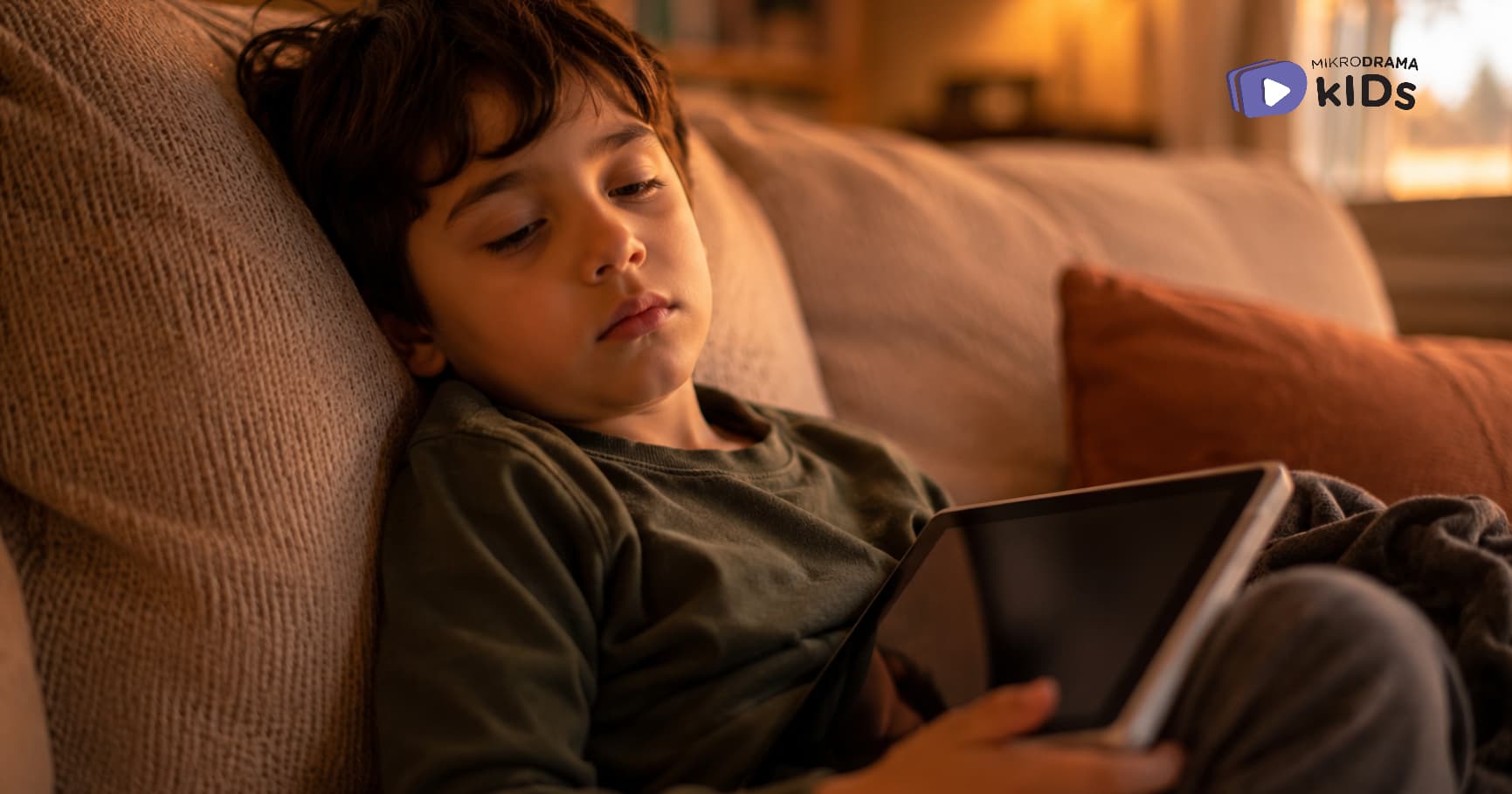 A boy sleeping on sofa while holding a tablet