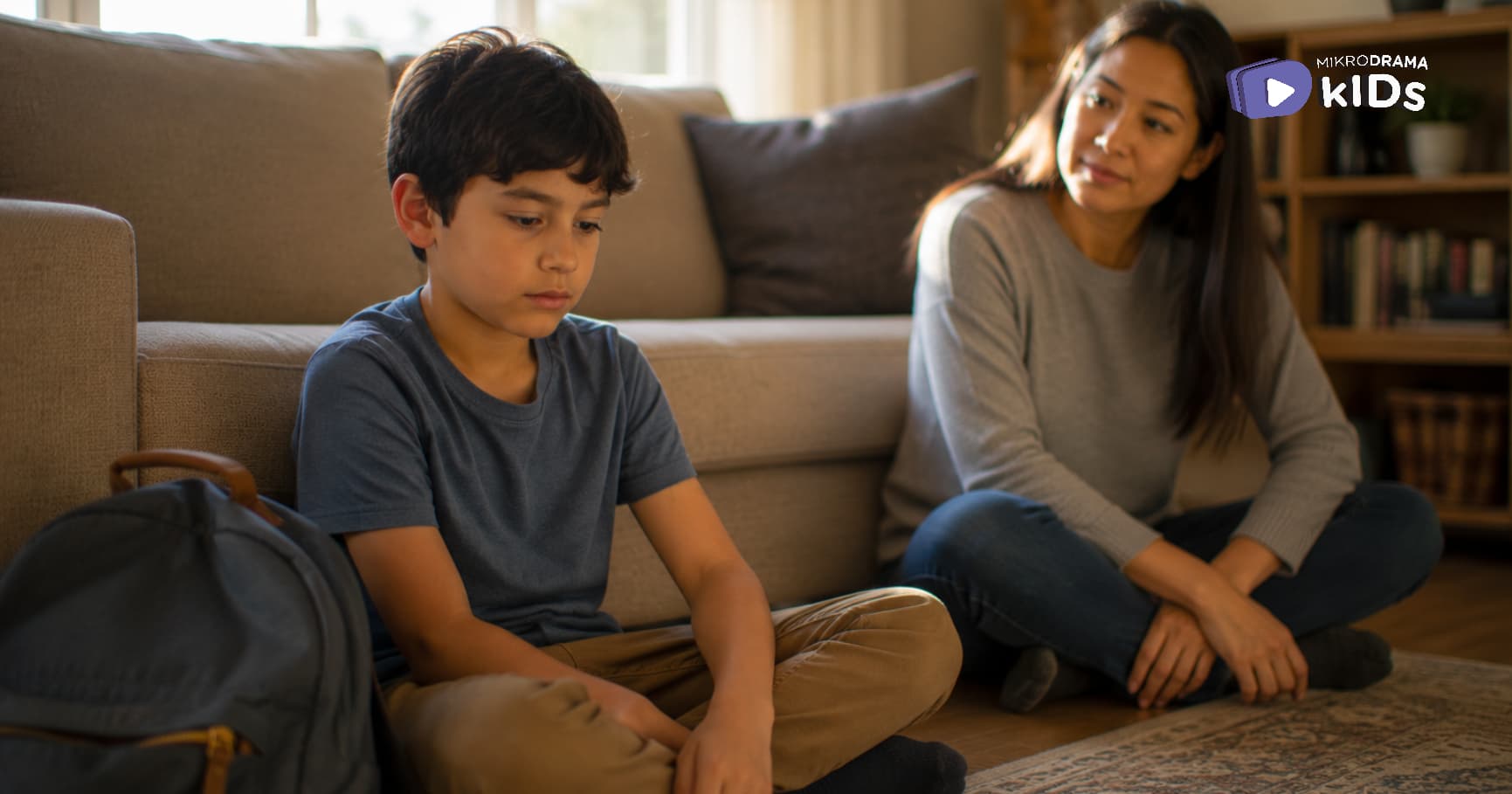 A boy sitting while looking down with a woman sitting besides him