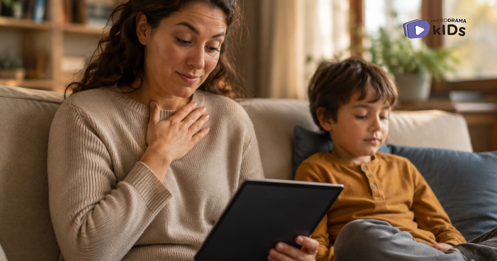 A woman sitting while holding a tablet and a boy sitting besides her