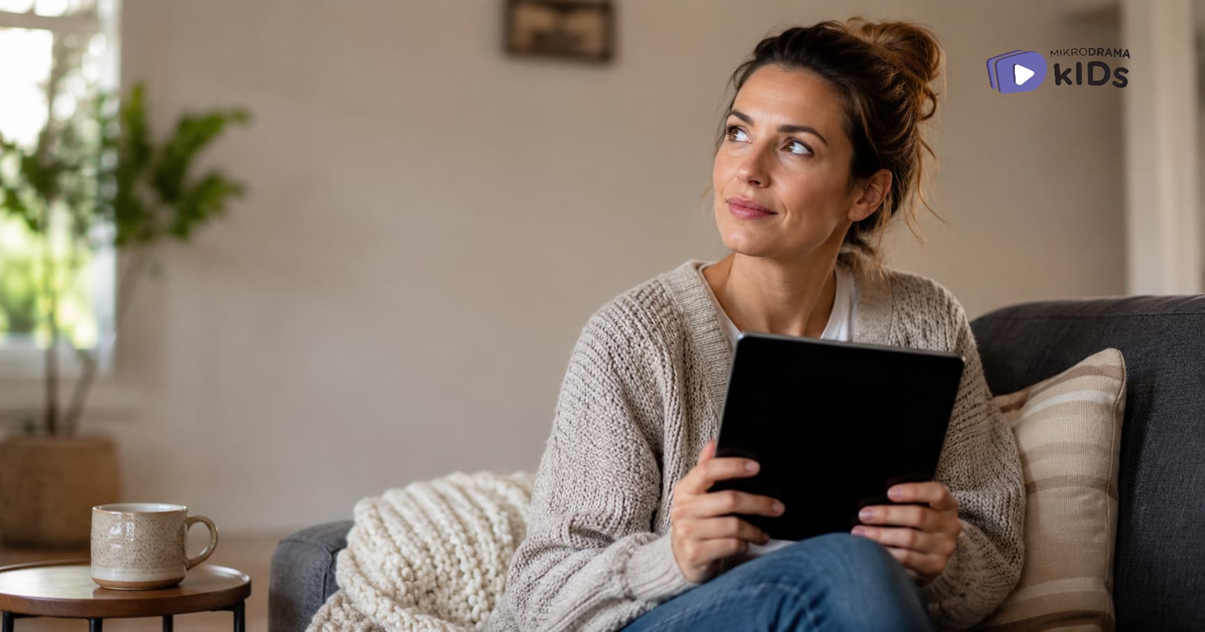 A woman holding tablet looking to the side