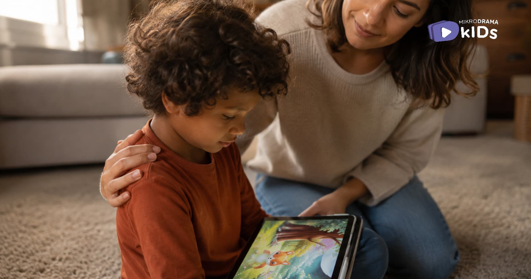 A woman puts her hand on a boy's shoulder who is holding a tablet