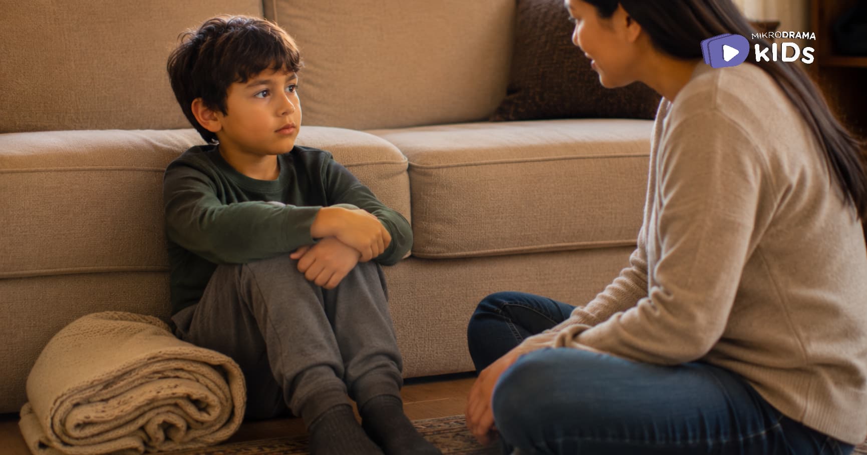 A woman sitting while looking at a boy