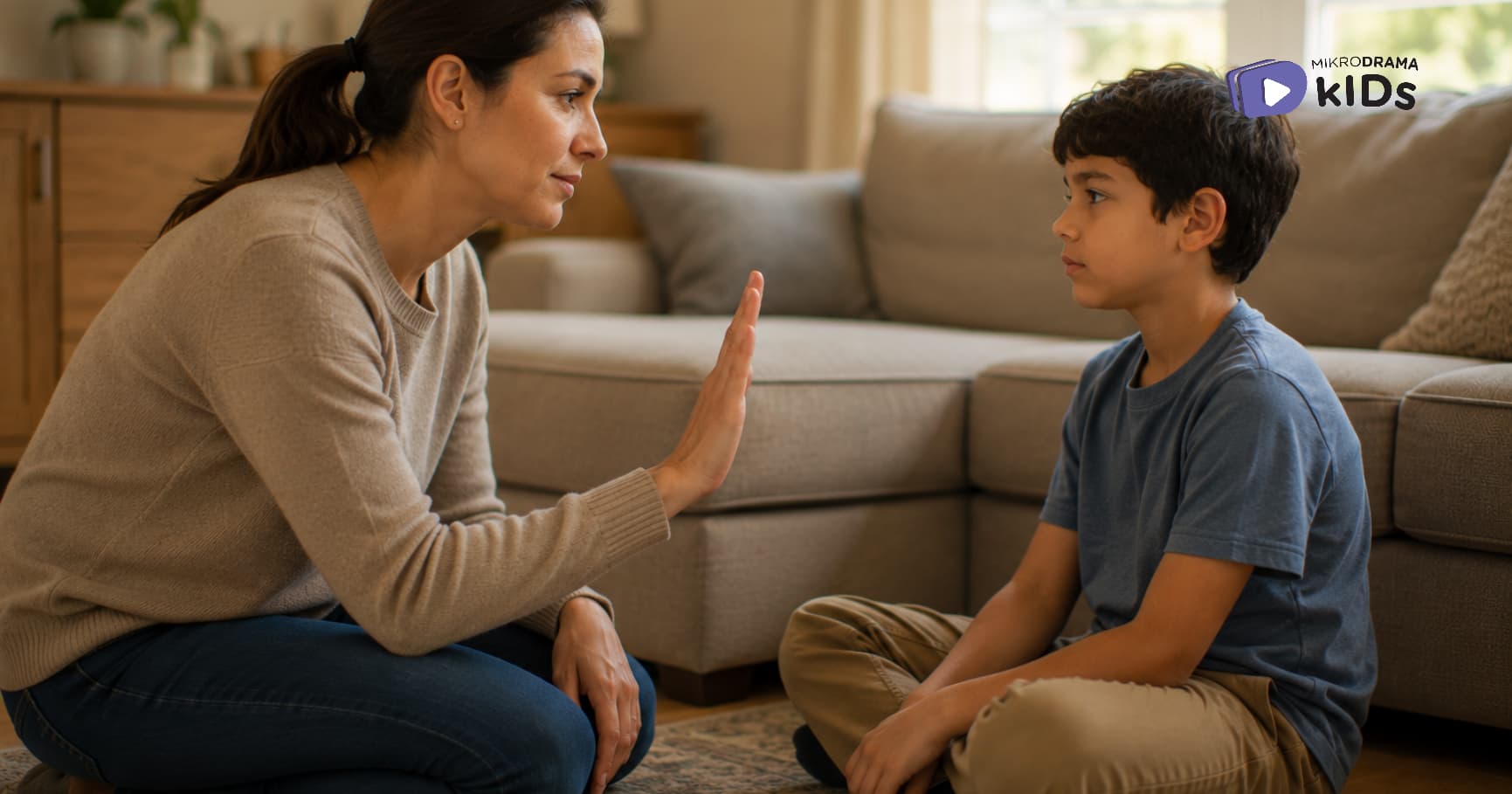 A woman raise her hand while sitting in front of a boy