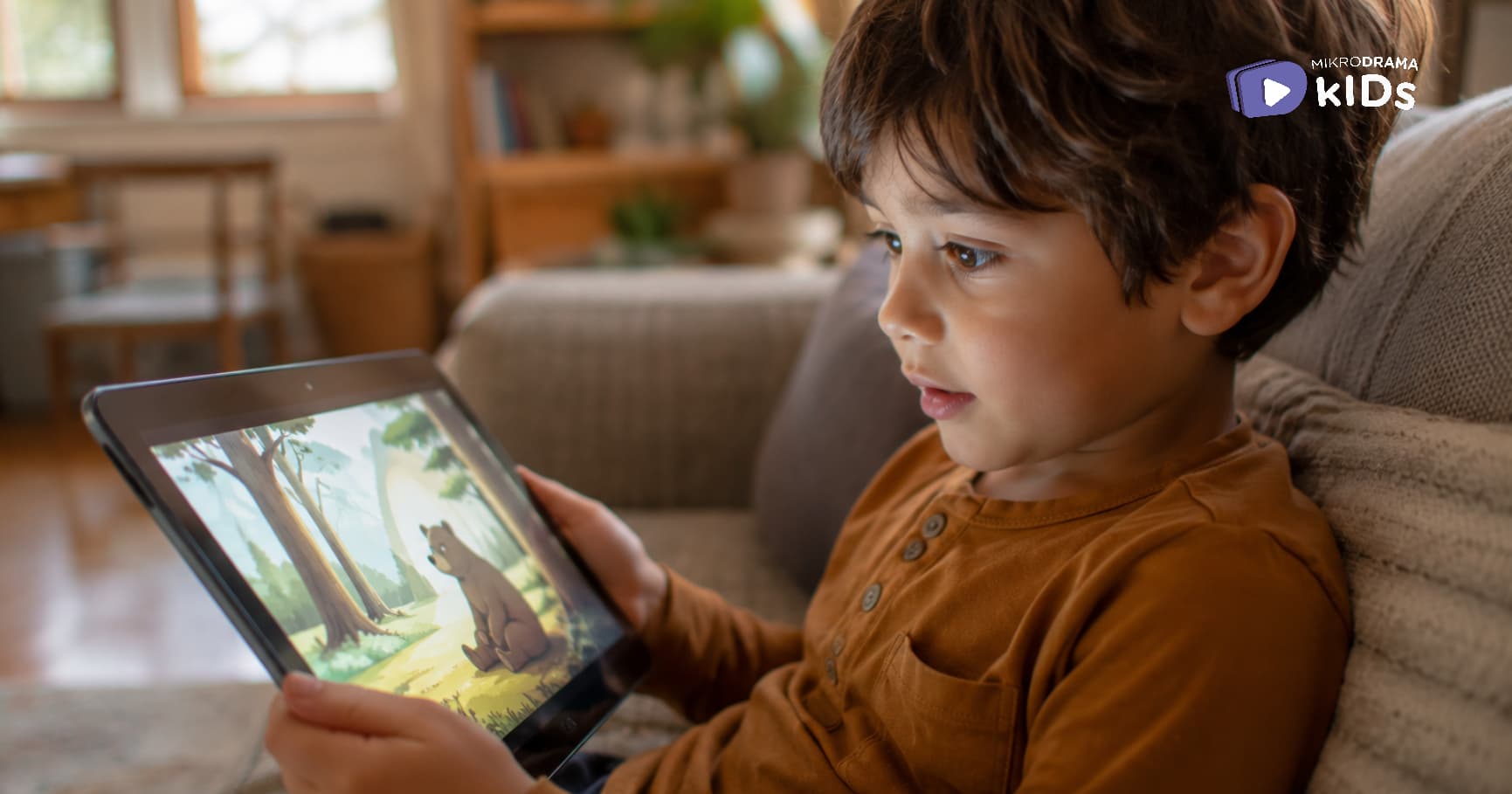 A boy looking at a tablet on a sofa