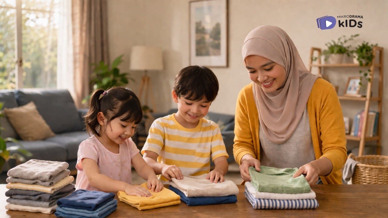 2 children helping their mother folding clothes