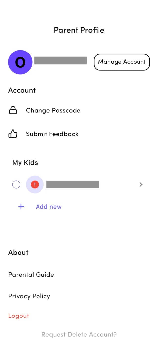 Parent Profile screen in the Mikrodrama Kids app with the Request Delete Account link at the bottom of the page.