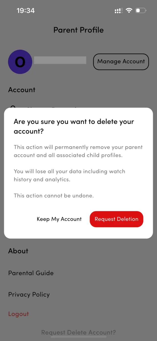 Confirmation dialog asking Are you sure you want to delete your account, with Keep My Account and Request Deletion buttons.