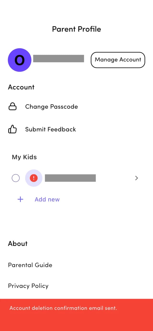Red banner on the Parent Profile screen reading Account deletion confirmation email sent.