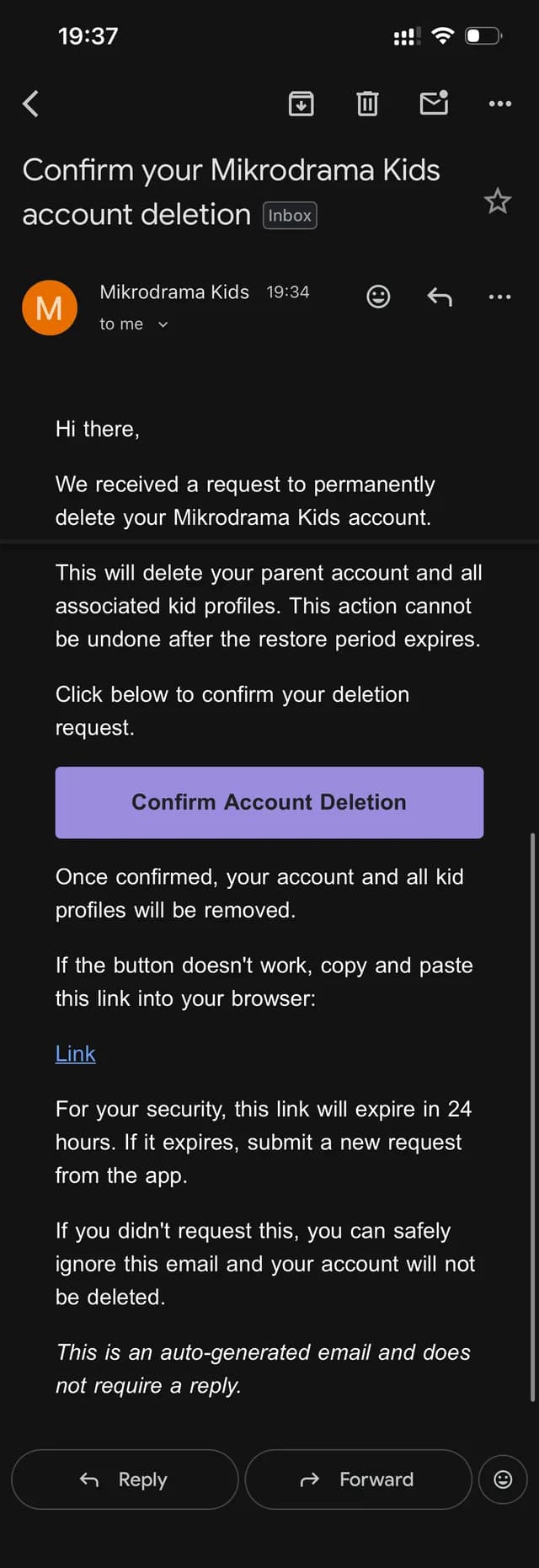 The full confirmation email titled Confirm your Mikrodrama Kids account deletion, showing the Confirm Account Deletion button, the fallback link, and a note that the link expires in 24 hours.