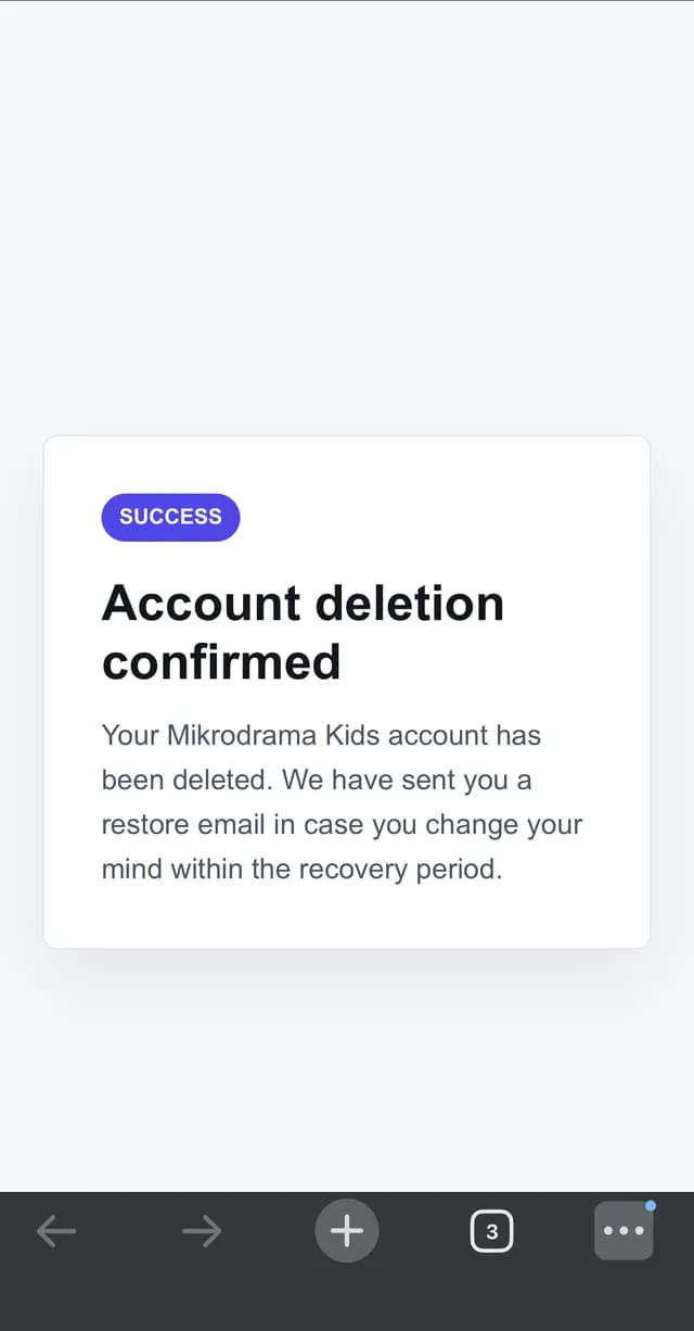 Browser page with a Success badge reading Account deletion confirmed.