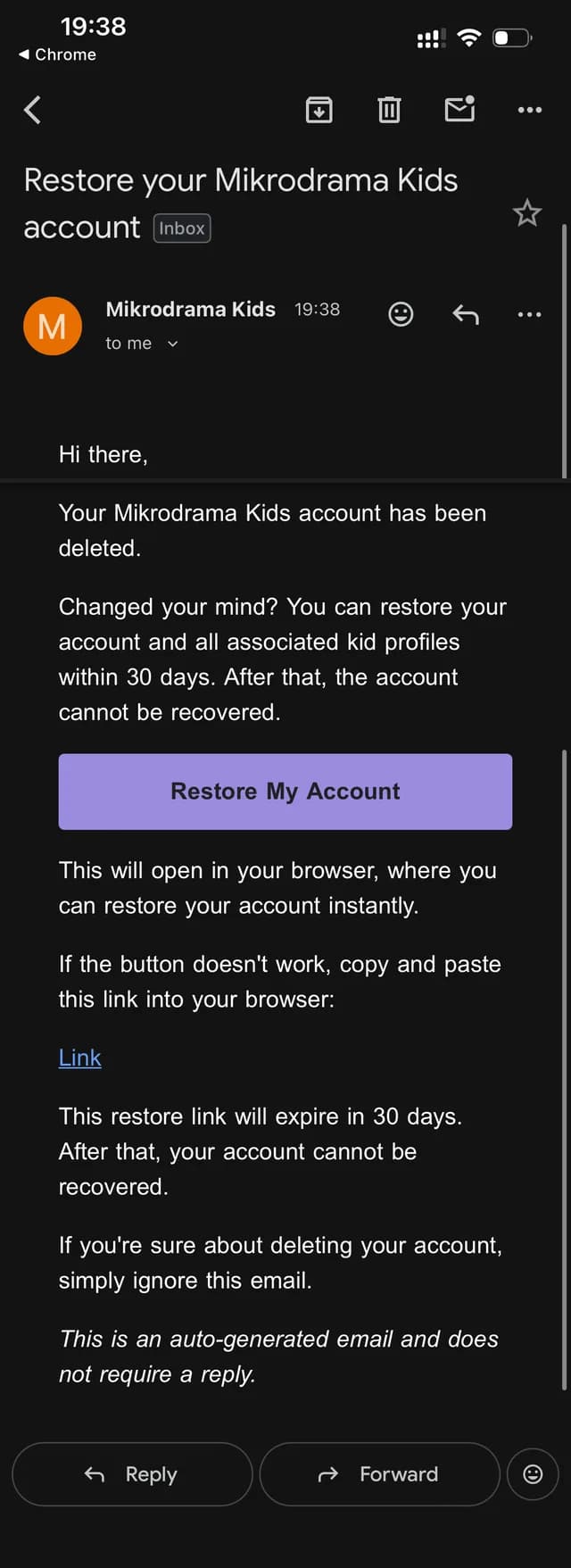 The full restore email titled Restore your Mikrodrama Kids account, showing the Restore My Account button and a note that the restore link expires in 30 days.